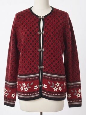 Woolrich Vintage 90s Ruby Red 100% Wool Cardigan Nordic Folk Made in Japan L